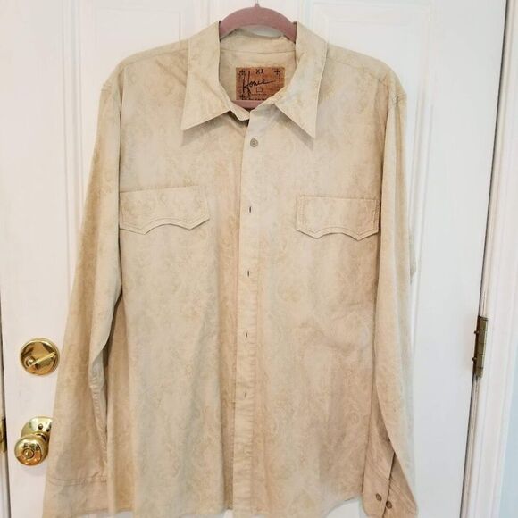 Howe Cream Tan Cotton Men's Embroidered Western Button Down Shirt XL - Picture 3 of 11